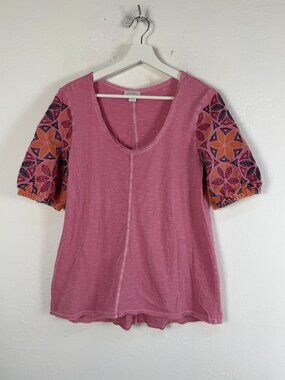 Sundance Womens Embroidered Puff Sleeve Heather Pink Slub Knit Top Small NWOT